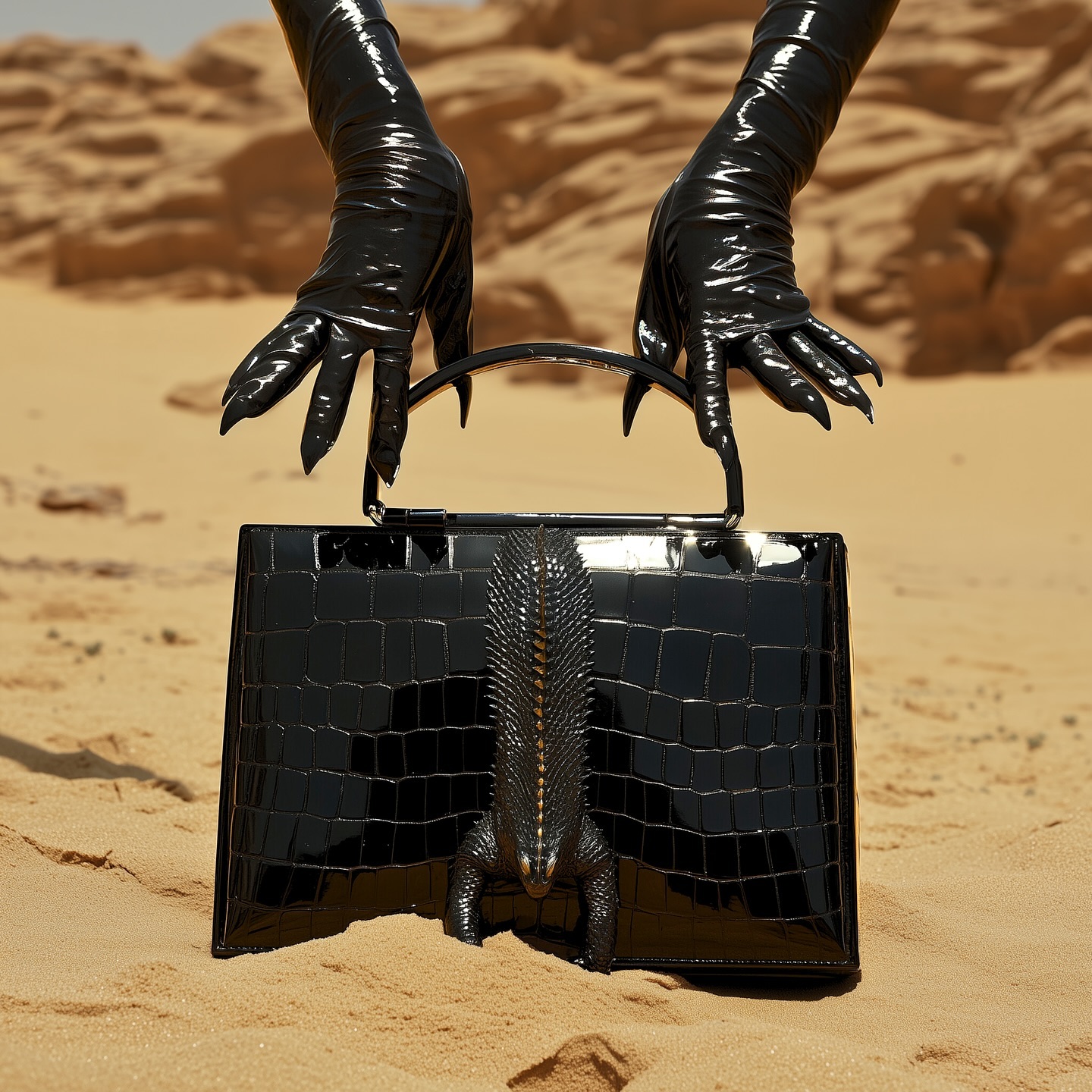 Black crocodile-effect handbag held by gloved hands against desert sand