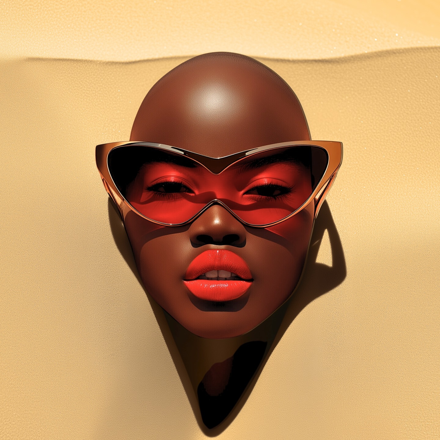 Editorial beauty portrait in angular red eyewear against warm desert sand