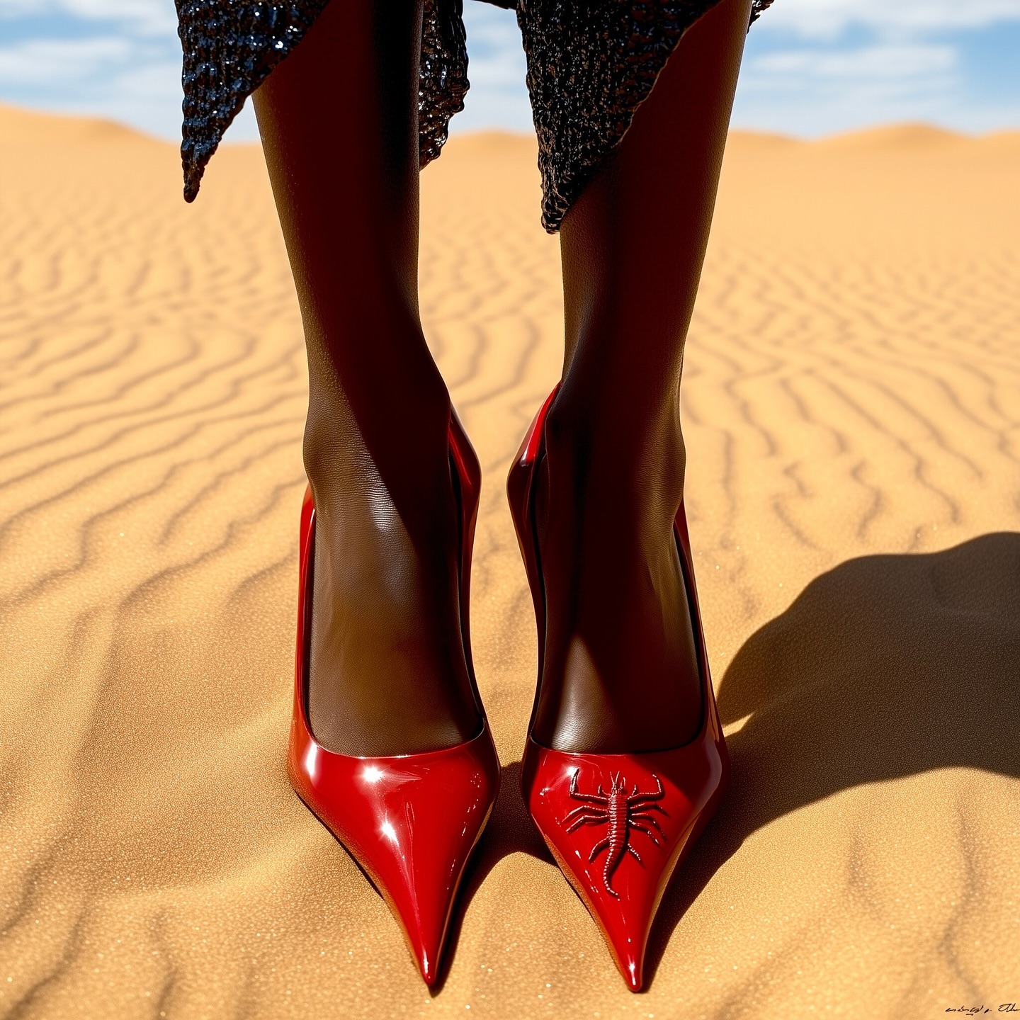Red pointed heels with scorpion detail styled beneath a black sequin dress in the desert