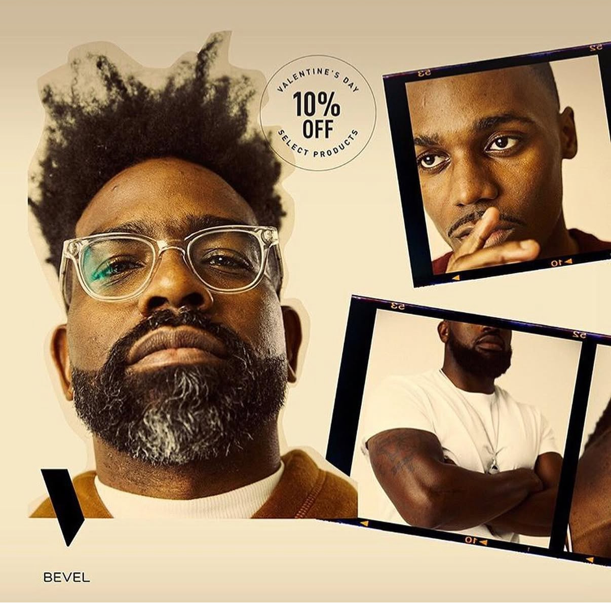 Bevel campaign collage with wardrobe portraits and campaign layouts