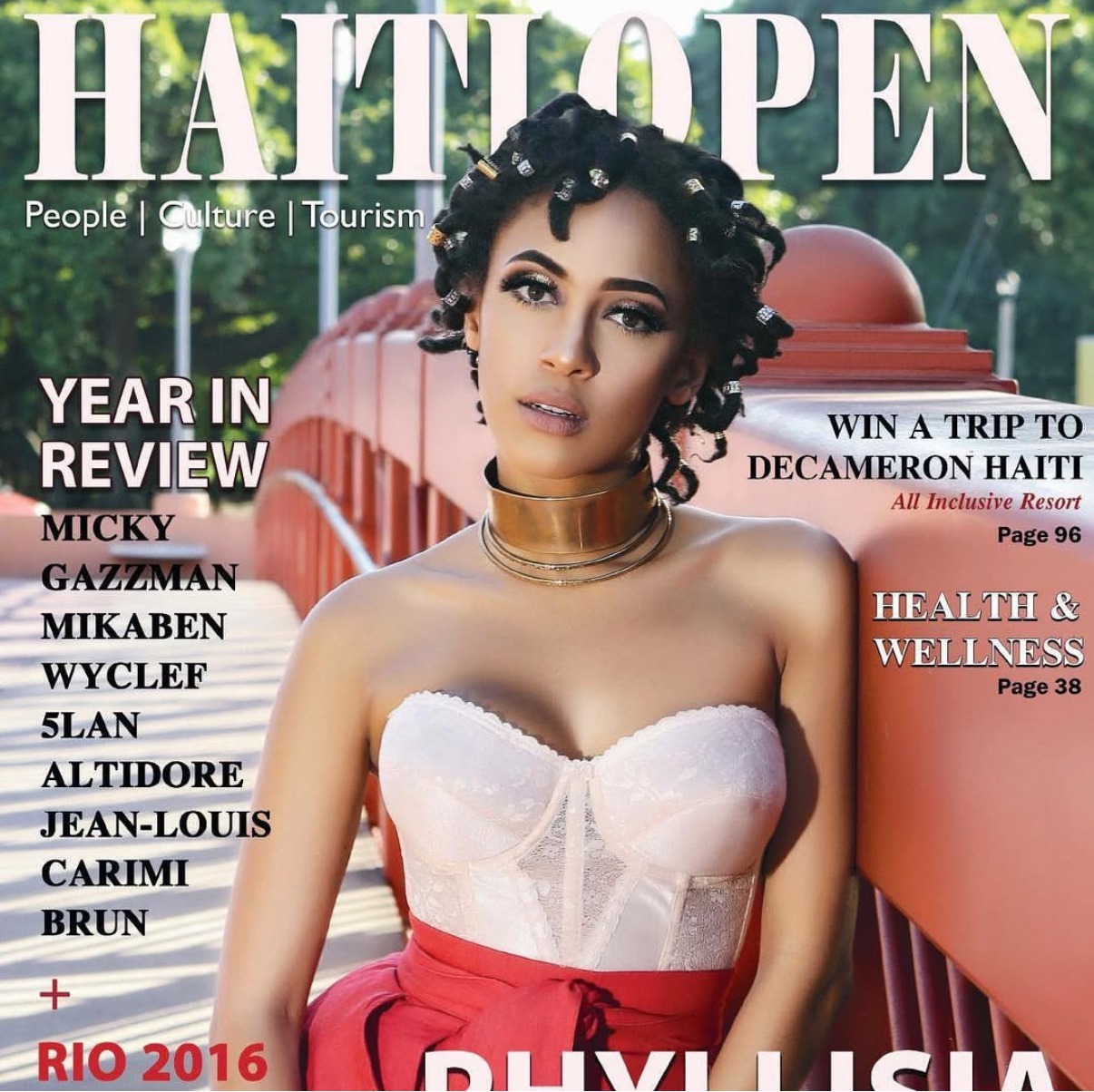 Haitian American recording artist Phyllisia Ross on the cover of Haïti Open in a pink bustier and red skirt